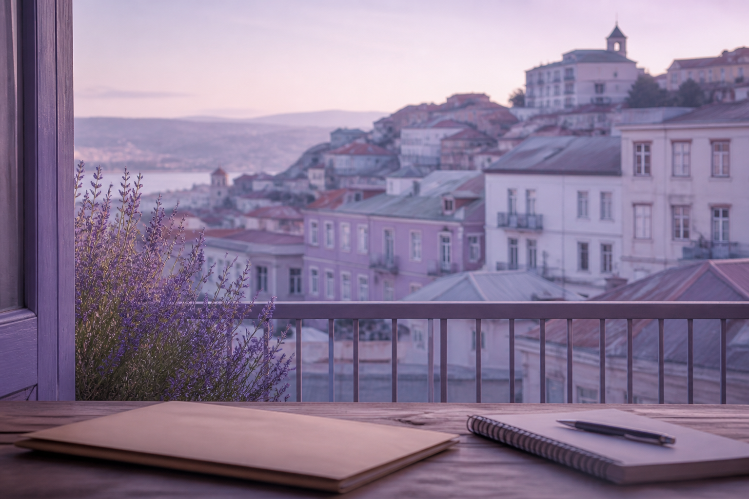 Gran Valparaíso, luz de mañana. Mesa de trabajo con carpeta y cuaderno.